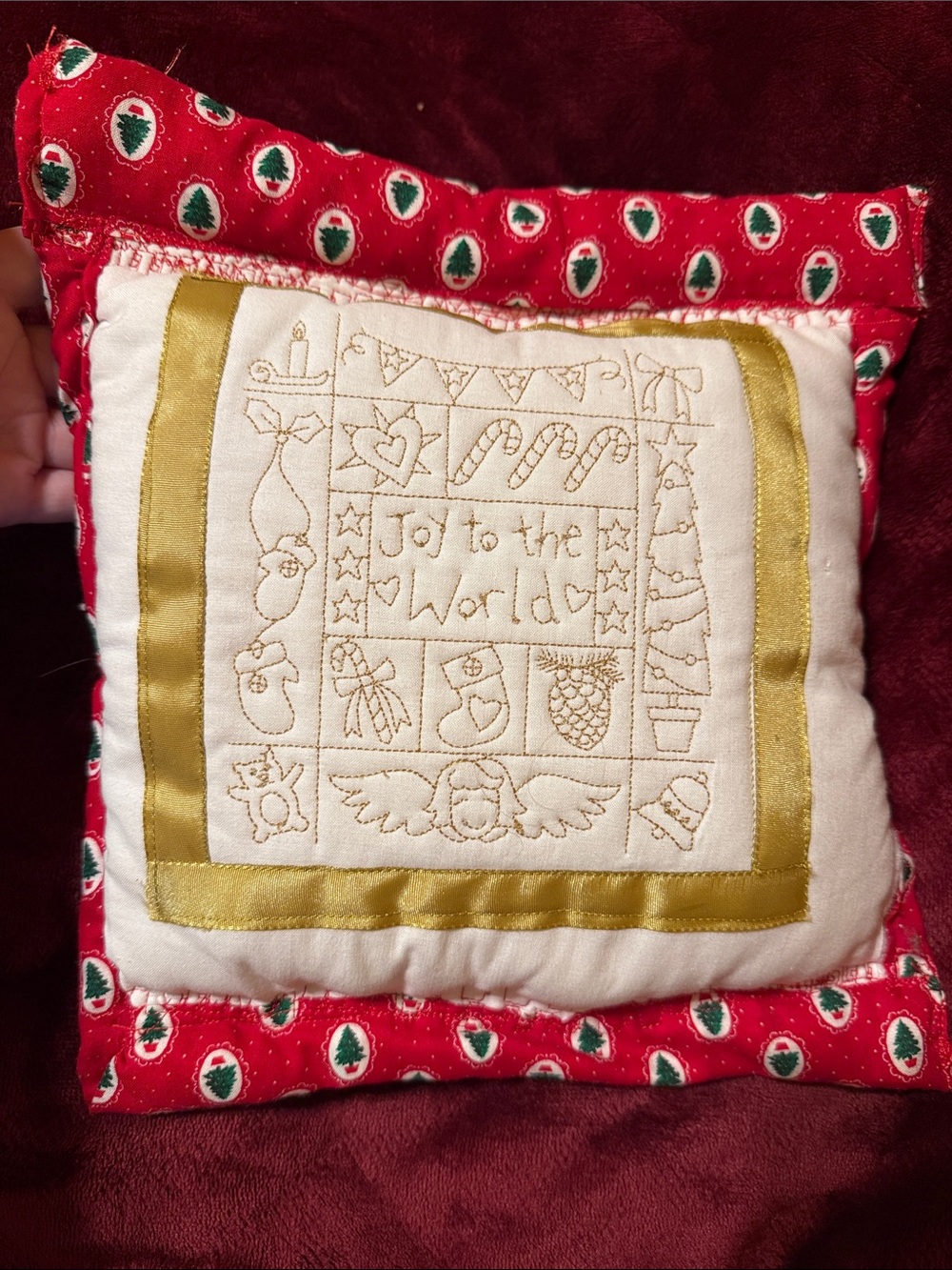 Holiday 'Joy to the World' Embroidered Throw Pillow - Red & Gold- Handmade.